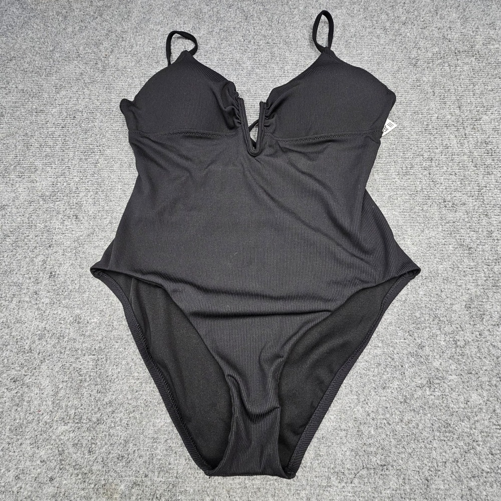 Bar III Women One Piece Swimsuit Micro Rib V-Wire Strappy Back Black Large